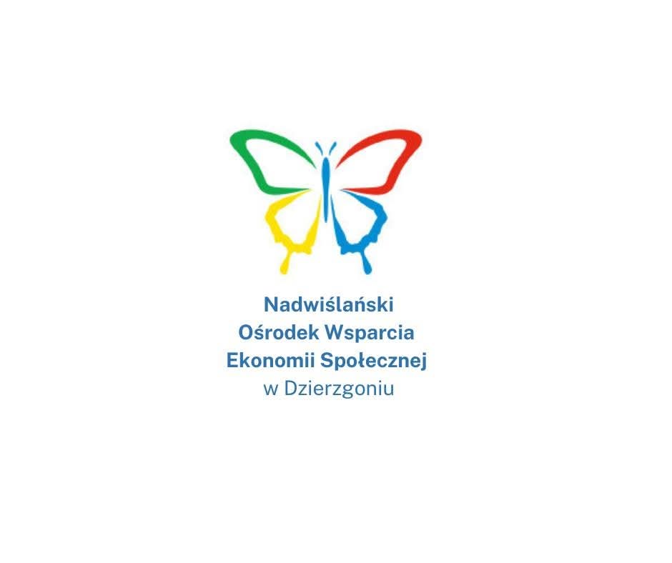 Zdjęcie przedstawia logo Nadwiślańskiego Ośrodka Wsparcia Ekonomii Społecznej w Dzierzgoniu. Logo zawiera w centralnej jego części  grafikę- zarys motyla umieszczonego na białym tle.