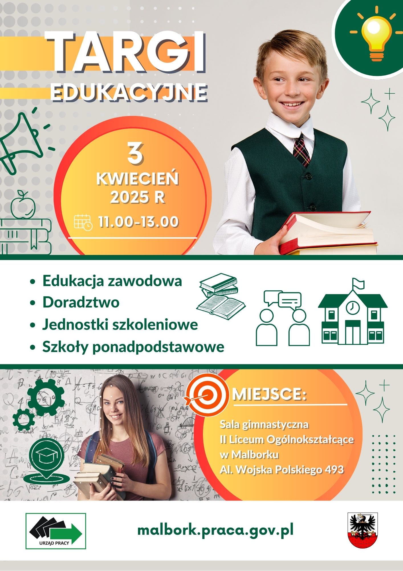 Zdjęcie ma formę plakatu i przedstawia informacje dotyczące Targów Edukacyjnych, które odbędą się 3 kwietnia br.